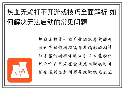 热血无赖打不开游戏技巧全面解析 如何解决无法启动的常见问题